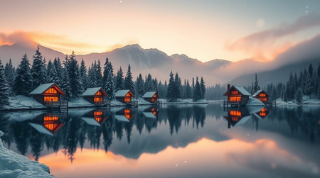 Houses on the shore of a mountain lake at sunset. Winter landscape.の写真素材