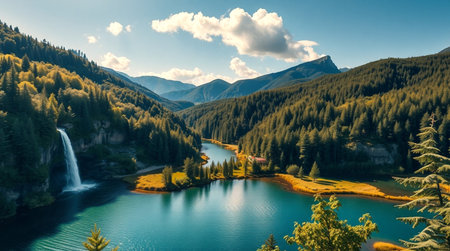 Fantastic aerial view of beautiful alpine lake. Picturesque and gorgeous scene. Location place Swiss alps, Europe. Artistic style post processed photo.の写真素材