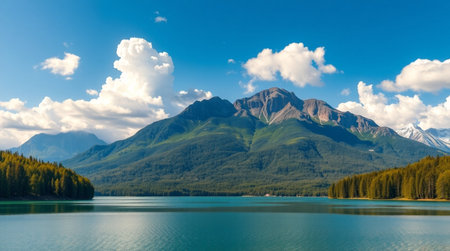 Mountain lake in the Canadian Rockies. The concept of active and photo tourism