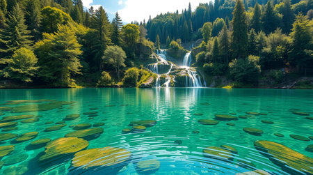Landscape view of turquoise water of Plitvice Lakes National Park in Croatiaの写真素材