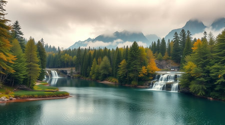 Autumn landscape with waterfall in the mountains. Panoramic view.の写真素材