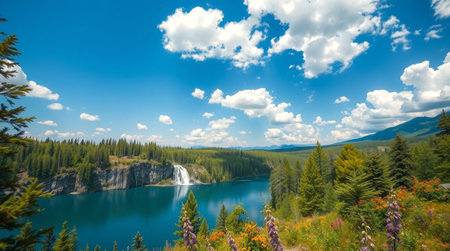 Panoramic view of the turquoise lake in the mountains.の写真素材
