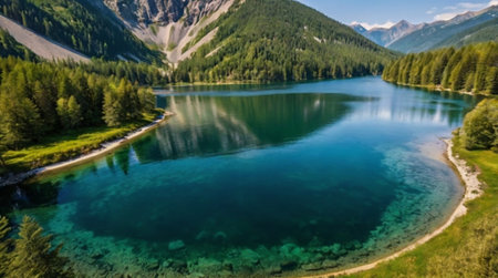 panoramic view of turquoise alpine lake in the mountainsの写真素材
