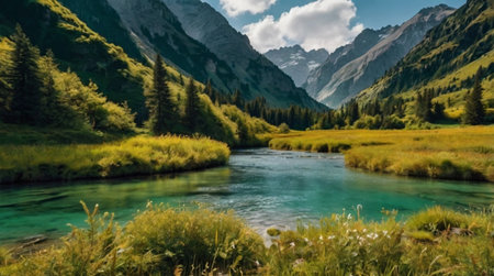 Panoramic view of a mountain river in the Swiss Alps.の写真素材