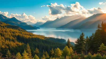 Mountains and lake at sunset. Panoramic view of the mountain lake.の写真素材