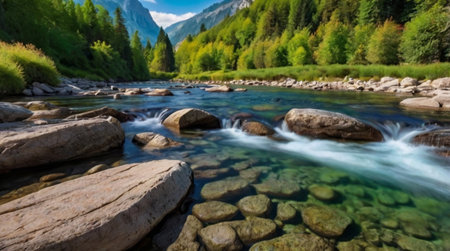 Mountain river with clear water and rocks. Mountain river in the Alps.の写真素材