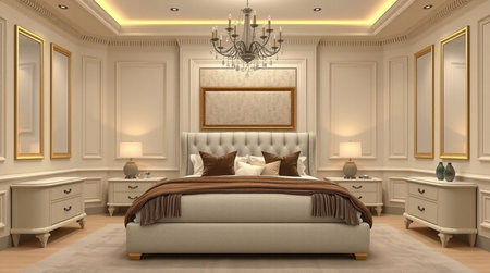 3D rendering of the bedroom in a classic style with gold framesの写真素材
