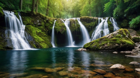 Beautiful waterfall in deep forest. Panorama of waterfall in deep forest.