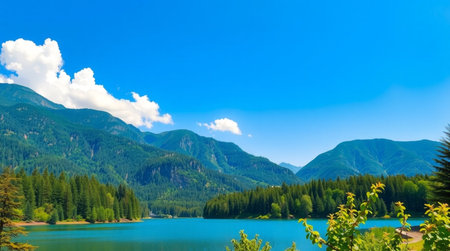 Beautiful mountain lake in the Alps. Landscape with mountains and blue sky.の写真素材