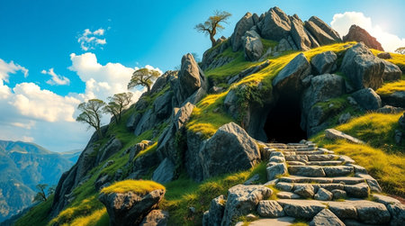 Mountain landscape with a view of the entrance to the cave.の写真素材