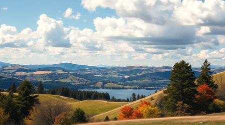 Autumn landscape with lake and mountains in the background, New Zealandの写真素材