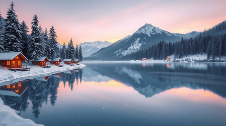 Fantastic winter landscape with snow covered fir trees and mountain lake. Dramatic wintry scene. Carpathian, Ukraine, Europe. Beauty world.の写真素材