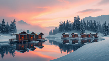 Fantastic winter landscape with mountain lake and red wooden houses.の写真素材