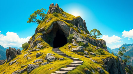 Huge stone cave in the middle of green meadow and blue skyの写真素材
