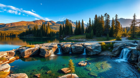 mountain lake at sunrise, beautiful natural landscape in the Canadian Rockiesの写真素材