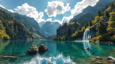 Beautiful alpine lake with waterfall in the mountains. Switzerland.