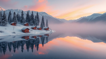 Beautiful winter landscape. Sunrise over the lake in the mountains.の写真素材