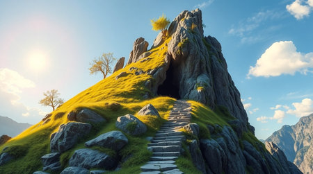 Stone stairs to the top of the mountain. 3d render.の写真素材
