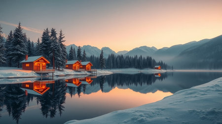 Fantastic winter landscape. Small wooden house on the lake.の写真素材
