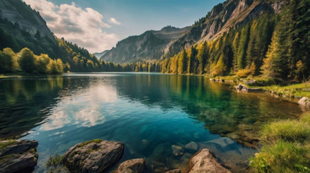 Panoramic view of beautiful alpine lake in the Alps.の写真素材