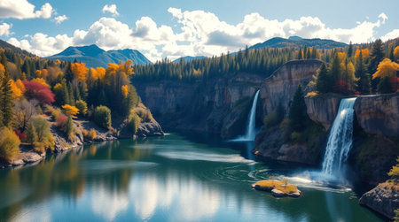 Autumn landscape with waterfall and lake in Yoho National Park, Canada
