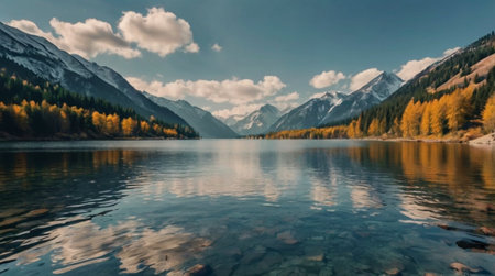 Mountain lake with autumn forest and reflection of snowcapped peaksの写真素材