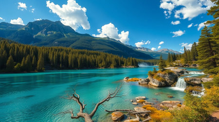 Panoramic view of turquoise turquoise lake in Canadian Rockies.の写真素材