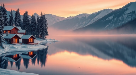 Fantastic winter landscape with snow covered mountain lake and wooden house. Dramatic scene.の写真素材