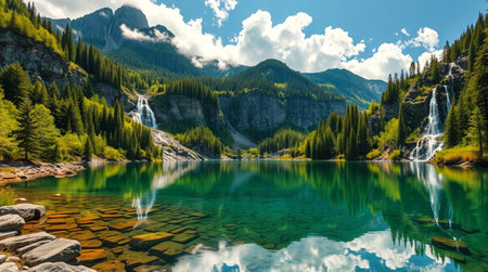 Mountain lake in the Dolomites, South Tyrol, Italyの写真素材