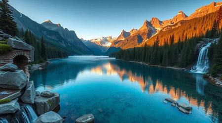 Panoramic view of the lake in the mountains.の写真素材