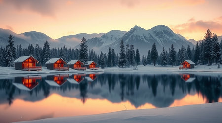 Fantastic winter landscape with snow covered trees and wooden houses on the lake.の写真素材