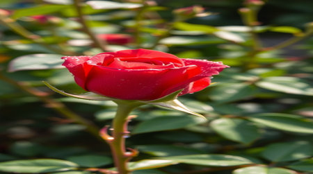 Red rose in the garden with green leaves on a sunny day.