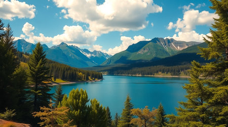 Panoramic view of a mountain lake in the Canadian Rockies.の写真素材