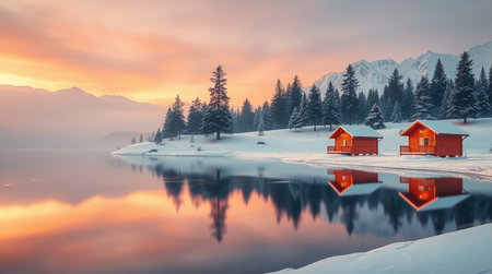 Fantastic winter landscape with snow-capped mountains and red wooden houses on the shore of lake. Dramatic scene. Beauty world.の写真素材