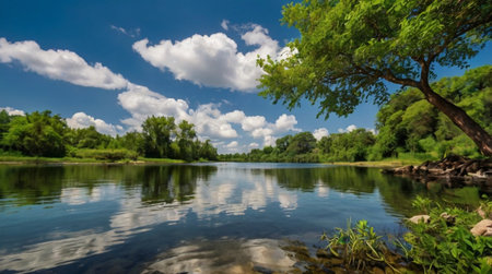 Summer landscape with river, trees and blue sky with white clouds.の写真素材