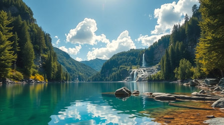Beautiful alpine lake and waterfall in the mountains. Landscape.