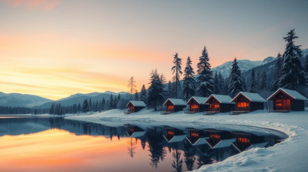 Fantastic winter landscape with wooden houses on the lake. Dramatic scene. Beauty world.の写真素材