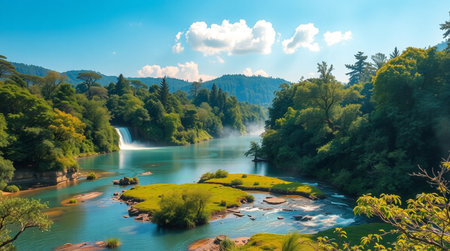 Panoramic view of a scenic river with waterfalls and lush greenery.の写真素材