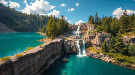 Beautiful panorama of the turquoise lake and waterfall in the mountainsの写真素材