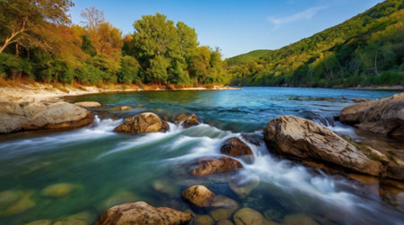 Beautiful landscape with river and forest in Montenegro. Long exposureの写真素材