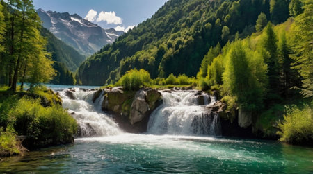 Panoramic view of the waterfall in the Alps. Switzerland.の写真素材