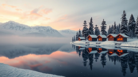 Fantastic winter landscape with a wooden house on the shore of lake.