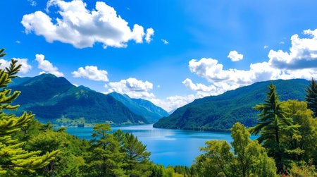 Panoramic view of the lake and mountains in the background.の写真素材