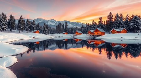 Colorful winter sunrise over mountain lake. Carpathian, Ukraine, Europe. Beauty world.の写真素材
