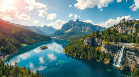 Panoramic aerial view of beautiful alpine lake. Location place Dolomites, Italy, Europe