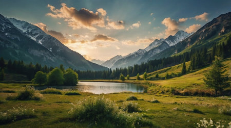 Panoramic view of alpine lake in mountains at sunset.の写真素材