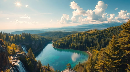 Panoramic aerial view of the mountain lake and forest at sunsetの写真素材