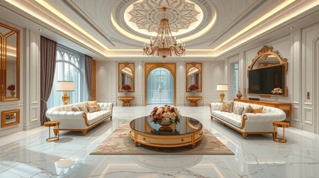 3D rendering of the living room in a classic style with a marble floor