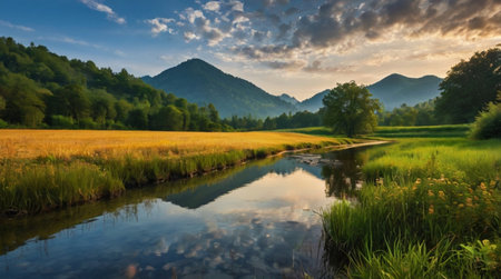 Landscape of rice field and river at sunset in the mountains.の写真素材