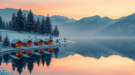 Fantastic winter landscape with alpine houses on the shore of a lake.の写真素材